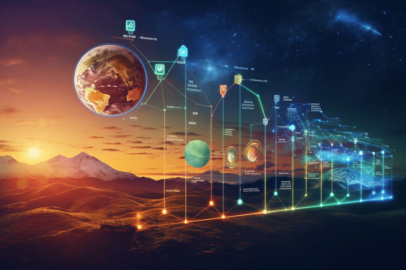 Timeline visual da Evolução Tecnológica IA desde os anos 1970 até o futuro sustentável